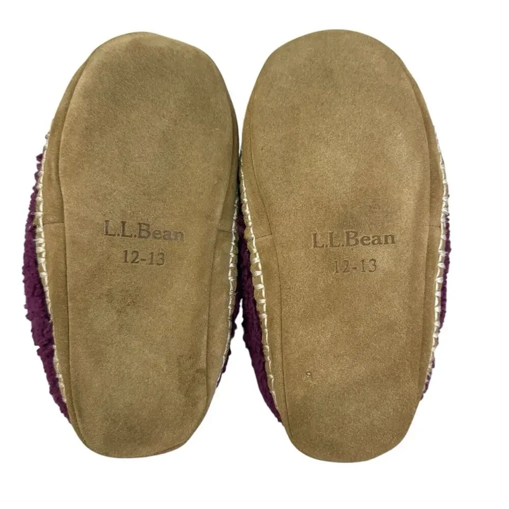 L.L.BEAN Kid’s Cozy Slipper Booties, Pile Fleece Plum Leather Sole Sz 12/13